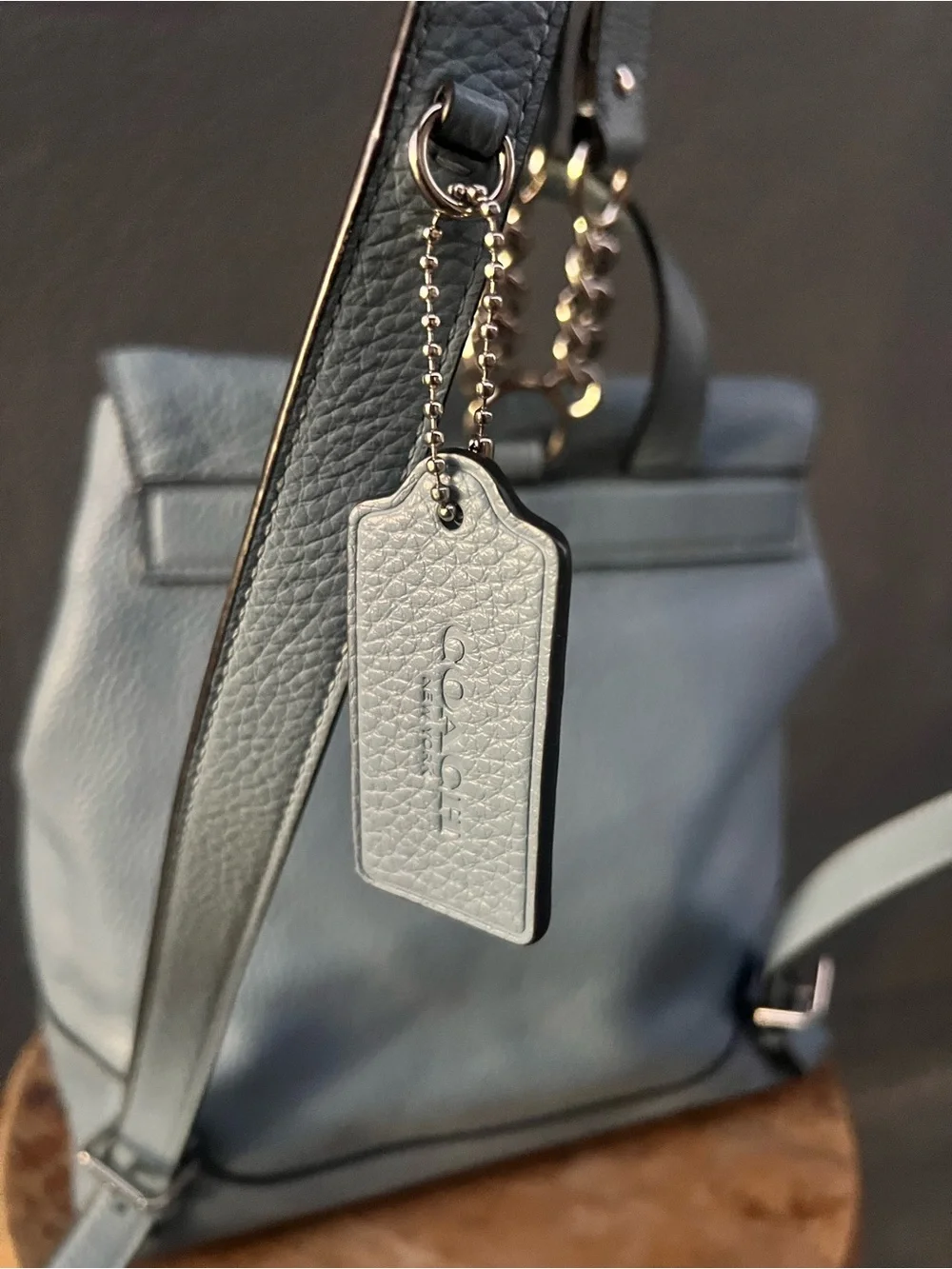 Coach Elle F72645 Cornflower Blue Leather Backpack Tassel Pull Drawstring